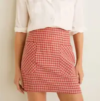在飛比找Yahoo!奇摩拍賣優惠-全新 MANGO 專櫃正品 復古紅色系 格紋大口袋亞麻短裙