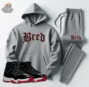 Men's Grey Hoodie Joggers BRED Sweatsuit To Match Air Jordan 11 Bred Tracksuit