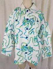Keren Hart Blue Ribbon Floral White Denim Blue Jean Trucker Jacket Womens 1X