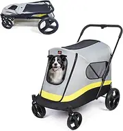 BingoPaw Folding Extra Large Dog Stroller : Portable Dog Buggy 4 Wheels for Large Dogs Pet Cat Travel Carriage Stroller Breathable Carrier with Rain Cover Inlcude