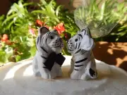 White Tiger Figures Cake Topper Bride Groom Love Wedding Engagement Wood Statue
