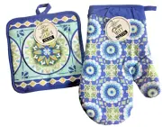 Blue Geometric Medallion Blue Set of 2 Pot Holder And Oven Mitt Set Cotton