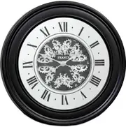 Miro' Round 80cm French Mirrored Moving Cogs Wall Clock - Black W/Silver