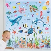 DECOWALL CDS9-9004 Under The Sea Window Cling Stickers Ocean Fish Turtle Jellyfish Reuseble Waterproof for Kids School Playroom Nursery Bathroom Home Living Room décor - Double Sided Print