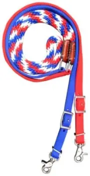 Braided Red White Blue FLAT NYLON CONTEST REINS w/ Scissor snap ends 6 foot long