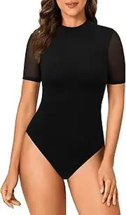 [Vrtige] Women's Elegant Crewneck Mesh Sheer Short Sleeve Fitted Bodysuit Top Leotaed