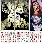 DKDDSSS 30Sheets Halloween Temporary Tattoos, 2Sheets Halloween Decorations Window Stickers, Halloween Window Stickers Halloween Window Clings, Halloween Window Decorations(50x35cm), Halloween Tattoos