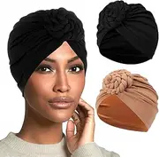 [XEPST] 2 Pieces Turban Women's Chemo Hats, Chemotherapy Cancer Hat Pre-Tied Beanie Chemo Headgear Pleated Hat Soft Turban Head Wrap Cap Hair Loss Hat for Women, Black, Khaki, One Size