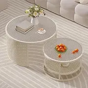 EKDJSN Coffee Table Set, Hollow Shelf Storage Nesting Table, 3 Glass Styles Available, Double-Layer Round Nesting Table, for Living Room, Bedroom, Office(WhiteA,27in+20in)