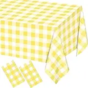 WNINK 2 Pcs Light Yellow Gingham Tablecloth, Yellow and White Disposable Plastic Rectangular Checkered Tablecloth, 54 × 108 Inch, Perfect for Outdoor Picnic, Birthday, Wedding, Camping Parties