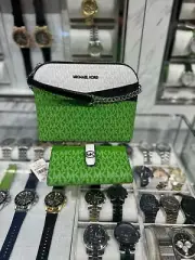 Michael Kors Jet Set Women MD Dome Crossbody Bag+Bifold Wallet Set Jungle Green