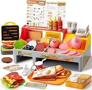 Pretend Play Food Toy for Kids Toddlers, Play Kitchen Accessories Include Sandwich Maker Toy with Slicer for Ham, Menu and Ingredients, Play Restaurant Food Toy for Girls Birthday Gift