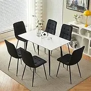 Modern White Marble Dining Table Set with 6 Velvet Chairs 120cm Rectangular Slate Kitchen Table for Home Office Living Room (Black)