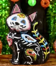 Blue Sky Clayworks Cat Day Of Dead Halloween 9” Tea Light Candle Holder NWT