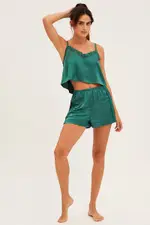 Teal Pyjamas Set Sleeveless Cami Shorts Satin - Size L, Women's Satin Set