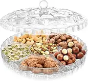 NDSWKR 12 Inch Snack Serving Tray with Lid, Plastic Divided Appetizer Tray 6 Compartments Round Food Tray for Dried Fruits, Candy, Nuts, Cookies, Treats