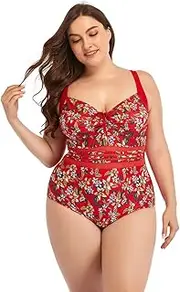 [TEMKIN] Women's One Piece Swimsuits Plus Size Back Cutout Vintage Printed Swimming Costume