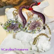 PURPLE SWAN FLORAL BURST BIRD GLASS CEILING FAN LIGHT SWITCH PULLS LG PAIR B742