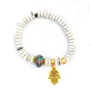 Stretch Bracelet Gold Tone Hamsa Hand Eclectic Unique Funky Stackable Bracelet