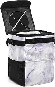 Car Trash Can with Lid,Bag Hanging Storage Pockets Leak-Proof,Portable Garbage Bin,Abstract White Marble Texture