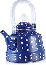 Happyyami Classic Dots Enamel Teapot with Ergonomic Handle Stovetop Compatible Kettle for Home Office Vintage Design with Loud Whistle Reminder