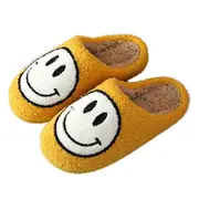 Nevenka Womens Retro Smiley Face Soft Plush Slippers Comfy Slip-on Shoes-Yellow