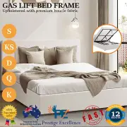 Bed Frame Queen Double King Size with Gas Lift Storage Base White Boucle Fabric