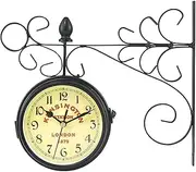 Double Sided Wall Clock Vintage Iron Wall Hanging Clock Antique Wall Station Clock Metal Silent Wall Clock Retro Garden Clocks Porch Clock for Indoor Outdoor Wall Decor
