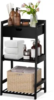 3 Tier Bamboo Bathroom Shelves with Drawer, Ladder Shelf for Bathroom Storage, S