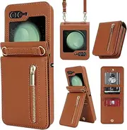 [XIMAND] for Samsung Galaxy Z Flip 6 Luxury Zipper Wallet Phone Case, Multi-Function Kickstand Card Holder Adjustable Crossbody Strap, Fashion Flip Case.(Brown)