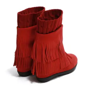 【FNACE】真皮極簡格調-時髦襪套流蘇中短靴(紅色)