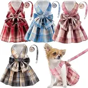 4 Pcs Plaid Dog Dress Bow Tie Harness Leash Set Harness Dress for Small Dogs Cute Dog Pet Girl Puppy Summer Clothes for Female Summer Bunny Rabbit Clothes Yorkie Chihuahua Training Walking(M)