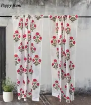 2 Panel Cotton Curtains Mughal Poppy Flower Boho Curtain Light Filtering Drapes