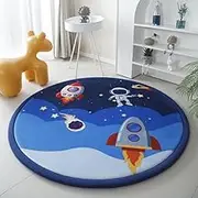 Coral Velvet Playmats Round for Children, 2.5cm Thick Memory Foam Crawling Mat Non-Slip for Kids Bedroom Playroom, Astronaut Pattern, Round 160cm