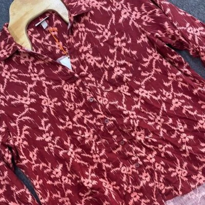 Knox Rose Burgundy Abstract Ikat Button Down Boho High Low Long Sleeve Relaxed