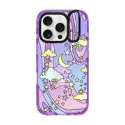 iPhone 16 Pro Impact Ring Stand Case MagSafe Compatible Transparent Pastel Trippy Swirls Moon Stars And Clouds 70s Retro Design