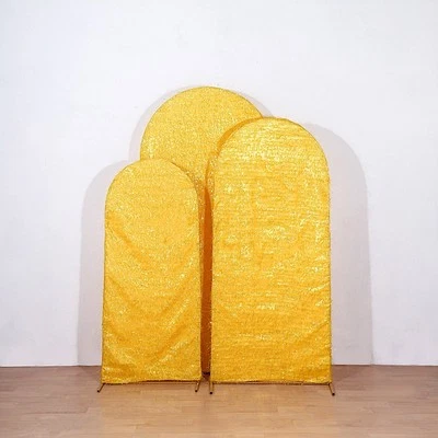 3 GOLD Metallic Tinsel Round Top Arch Polyester STAND COVERS Set Party Events
