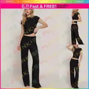 Womens Crew Neck Stretchy Short Sleeve Shirt Top High Waisted Flare Pants Set