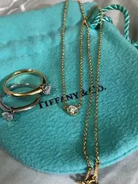 在飛比找Yahoo!奇摩拍賣優惠-Tiffany 0.17ct 單鑽黃K金項鍊 Diamond