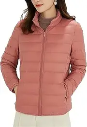 [JEShifangjiusu] Women's Lightweight Plumon Jacket with Long Sleeve Hat with Chain Winter Coat Fully Foldable Warm Short Plumon Coat, Pink, 3XL