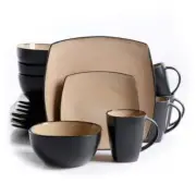 Gibson Home Dinnerware Set 16-Pcs Stoneware Casual Black + Taupe (Service for 4)