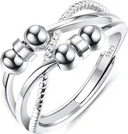 [GOGOEY] 925 Sterling Silver Anti Anxiety Ring, Spinning Fidget Rings for Women Men Anxiety Worry Finger Stress Relief Rings With Beads Spinner Rings Adjustable Stacking Rings