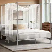 Metal Canopy Bed Frame Queen Size White Modern Bedroom Furniture 209x153x183 cm