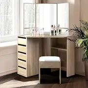 [Artiss] Dressing Table Corner Set Mirror Makeup Stool Wooden Vanity Desk Chair, Home Bedroom Furniture Oak Girls Kids Women Organisers, Drawers Wide Tabletop with Legs Floor Standing