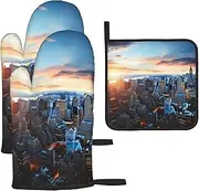 3 pcs Oven Mitts and Pot Holders Set 500°F Heat Resistant Oven Gloves and Hot Pads Kitchen Mittens New York City Skyline Cooking Gloves Potholders for Baking Grilling