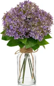 Artificial Hydrangea Flowers in Glass Vase with Faux Water, 13.8" Fake Purple
