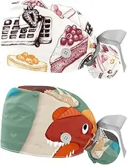 [WOSHJIUK] Working Hat 2 Pack Scrub Caps for Women,Desserts Cake Cherry Strawberry,Tie Back Cap Adjustable Scrub Hat