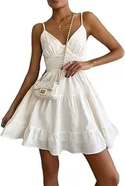 [Generic] Women's Sleeveless V Neck Mini Short Dress Tie Back High Waist Ruffle Summer Dress