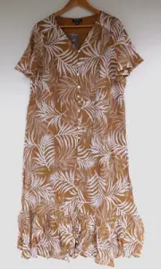 New Autograph Dress 16 Womens Tan Brown White Midi Button Up Flutter Sleeve