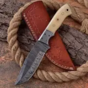 9" Damascus Skinner Twisted Steel Knife With Buffalo Horn Handle Full Tang